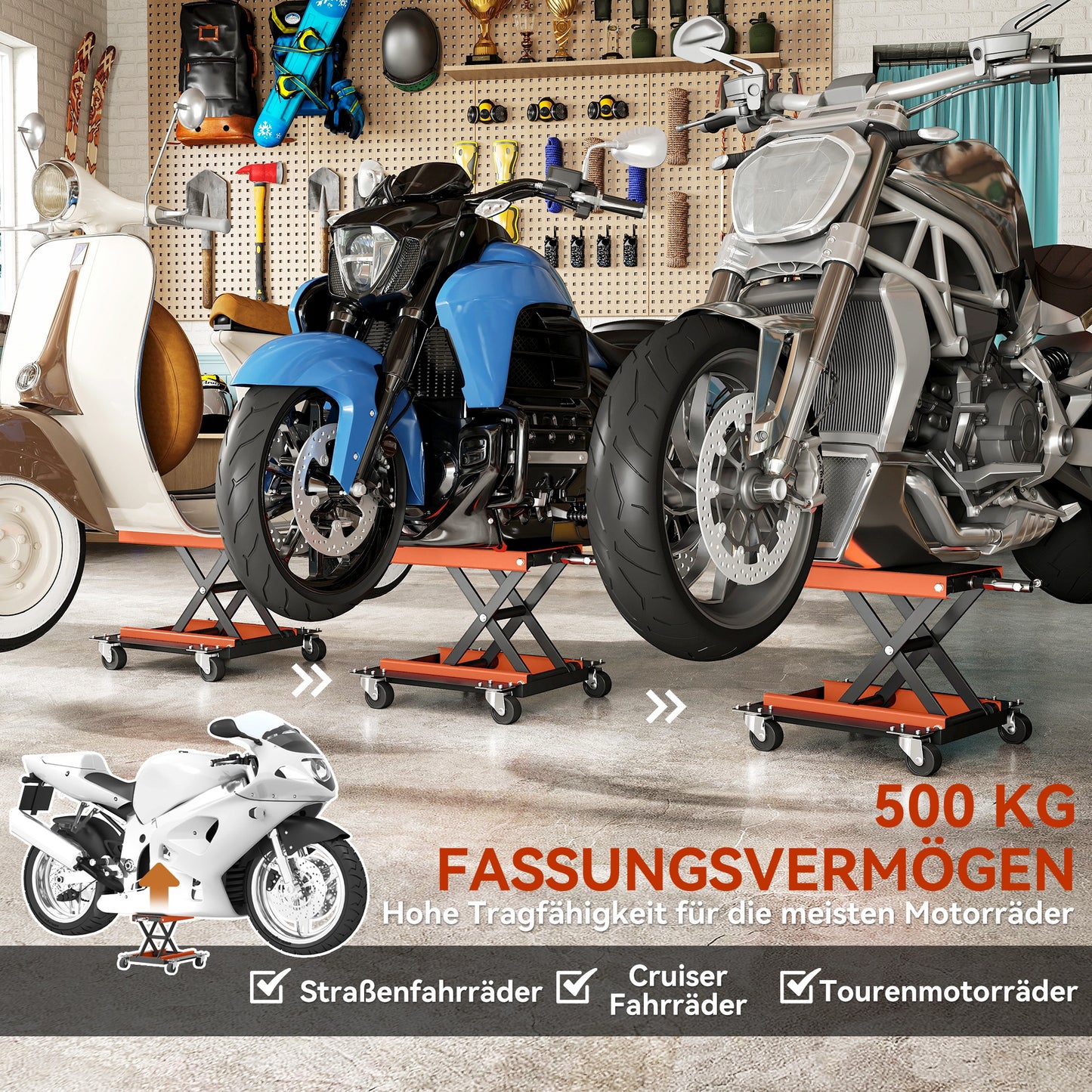 Motorcycle Lift Stand, 500 kg Capacity, Adjustable Height