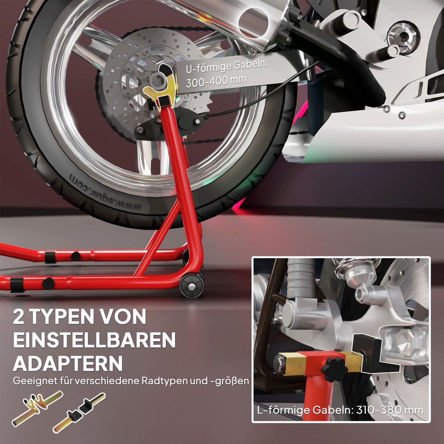 Motorcycle Stand Front/Rear, 544 kg Capacity, Steel, Red