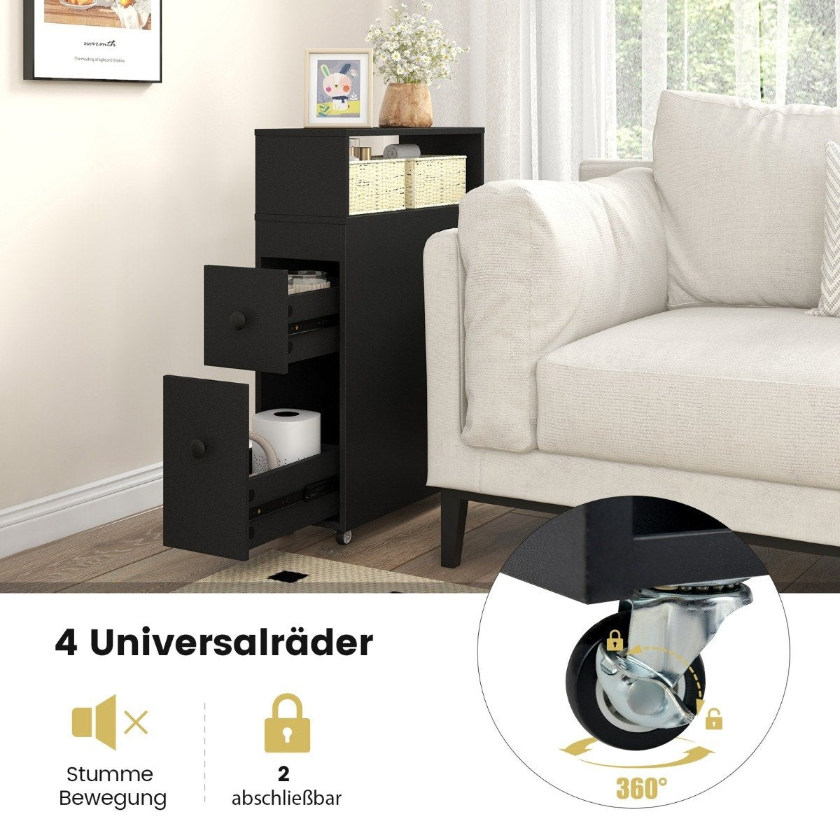 Movable bathroom cabinet with 2 pull-out drawers & Brush holder for small spaces black