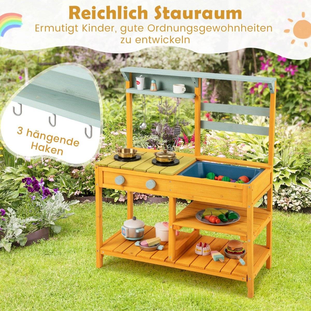 Mud kitchen children's play kitchen made of spruce wood with stove knobs & Sink yellow