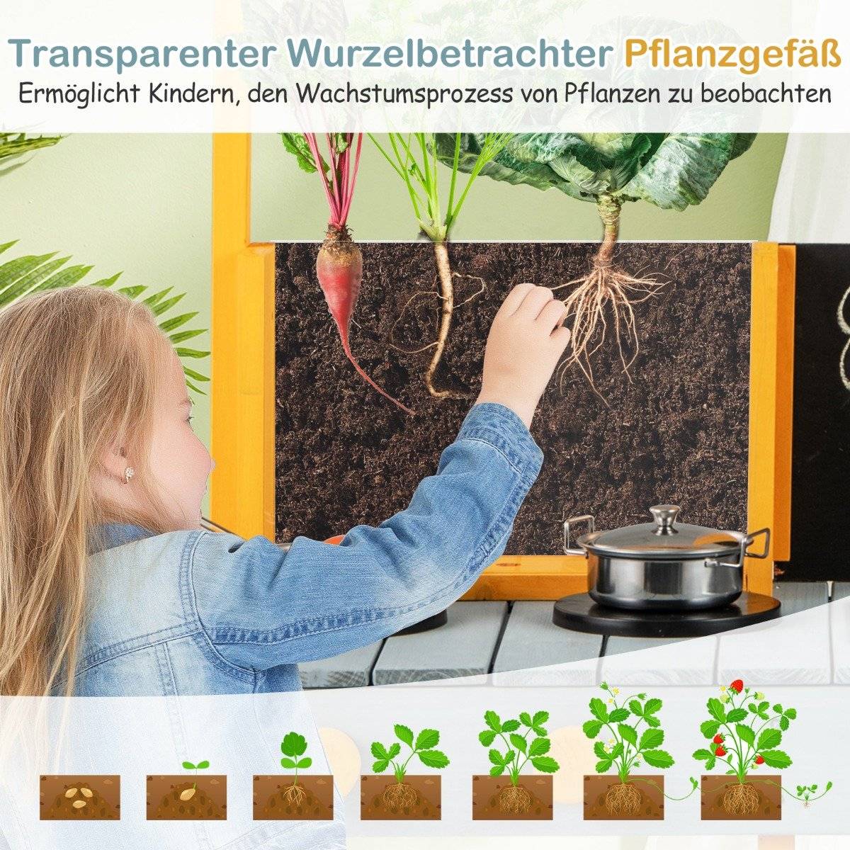Mud kitchen for children, outdoor children's kitchen made of fir wood with planter, 2 chalkboards, and a blue faucet.