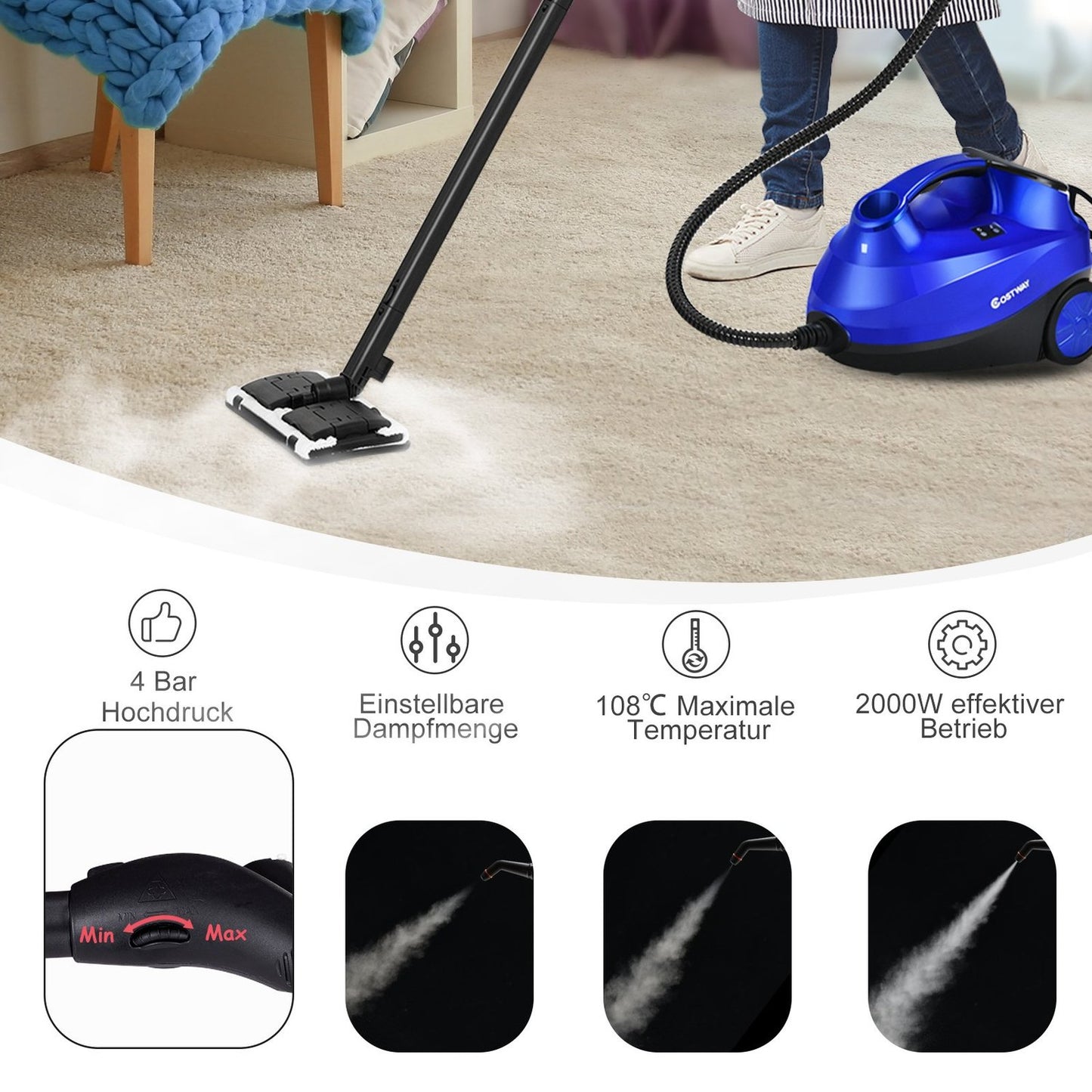 Multi-Purpose Steam Cleaner 2000W Household Steamer High Performance Steam Cleaner Blue