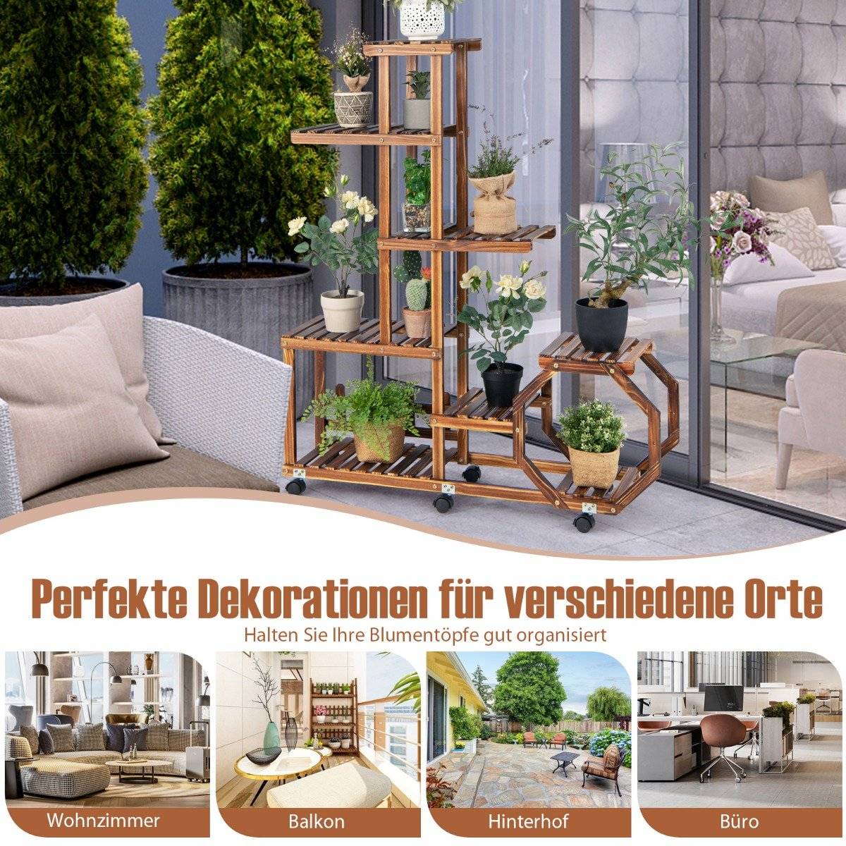 Multilayer Wooden Plant Stand Movable Flower Shelf 107 x 29 x 74 cm Natural