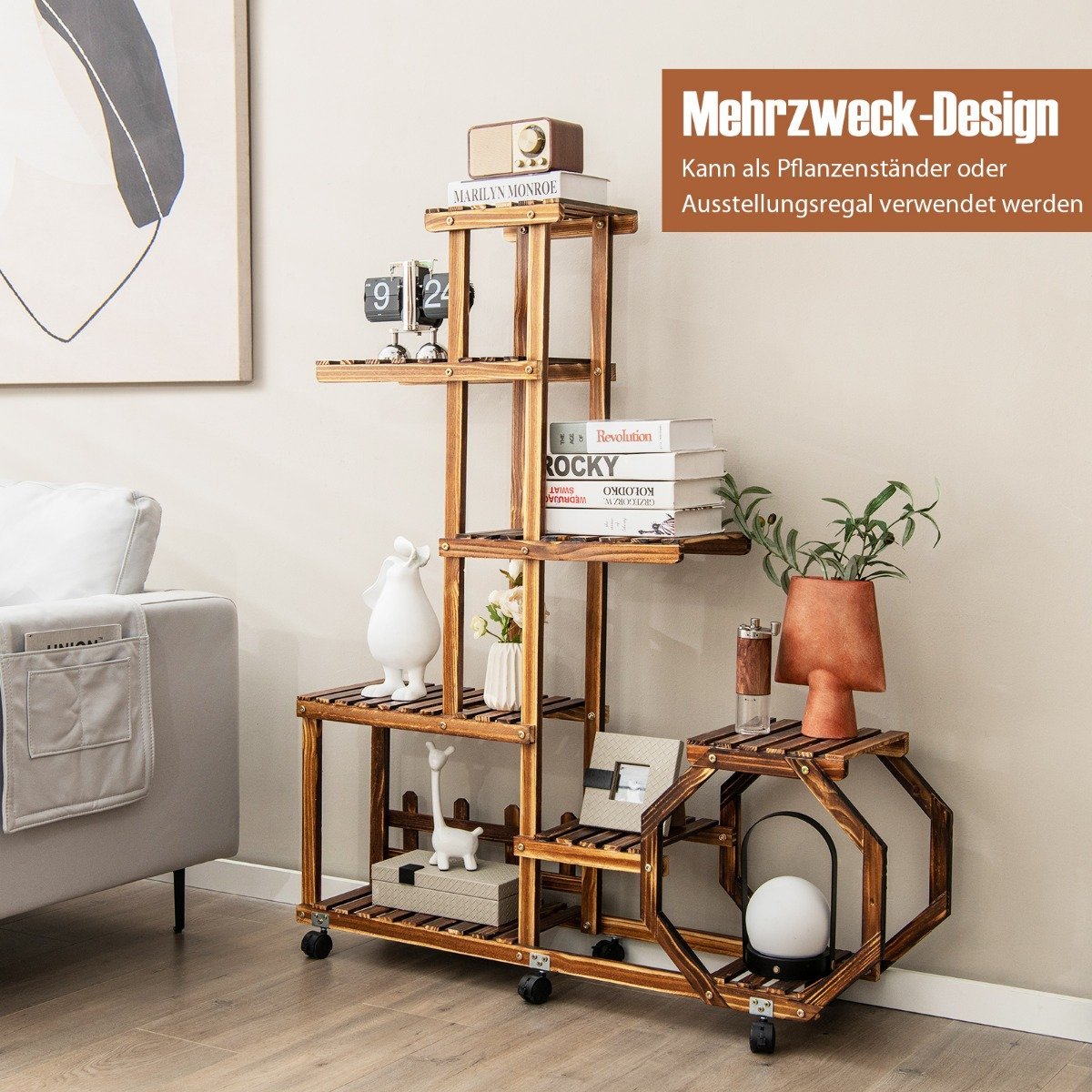 Multilayer Wooden Plant Stand Movable Flower Shelf 107 x 29 x 74 cm Natural