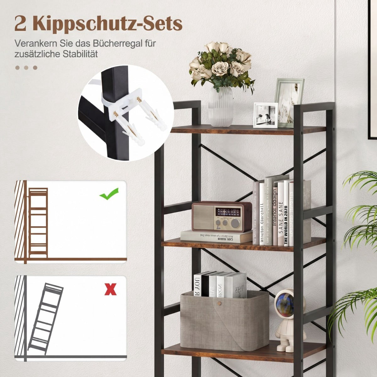 Narrow 4-Tier Metal Bookshelf, Rustic Brown, 41.5x27.5x100 cm