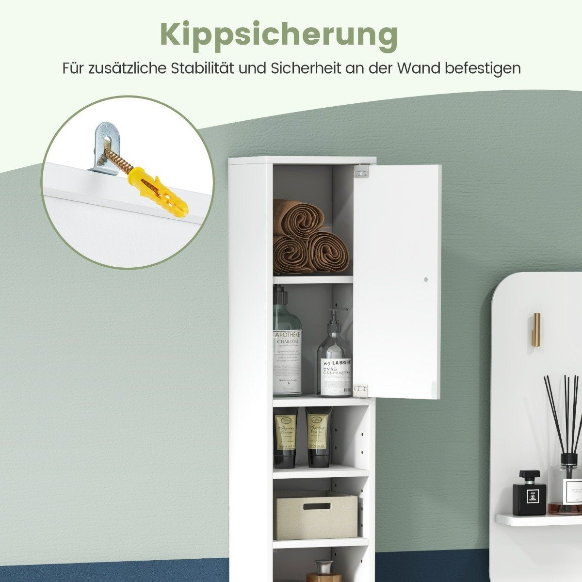 Narrow bathroom cabinet tall cabinet with 2 doors & 1 drawer 20 x 20 x 180 cm white