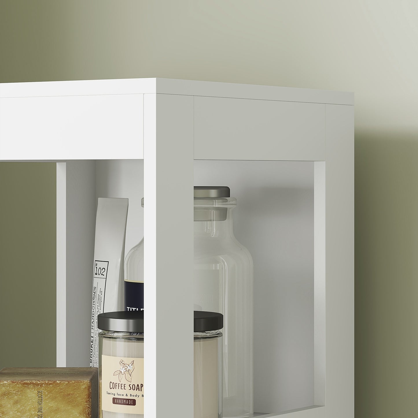 Tall narrow white bathroom cabinet, 2 drawers & shelves