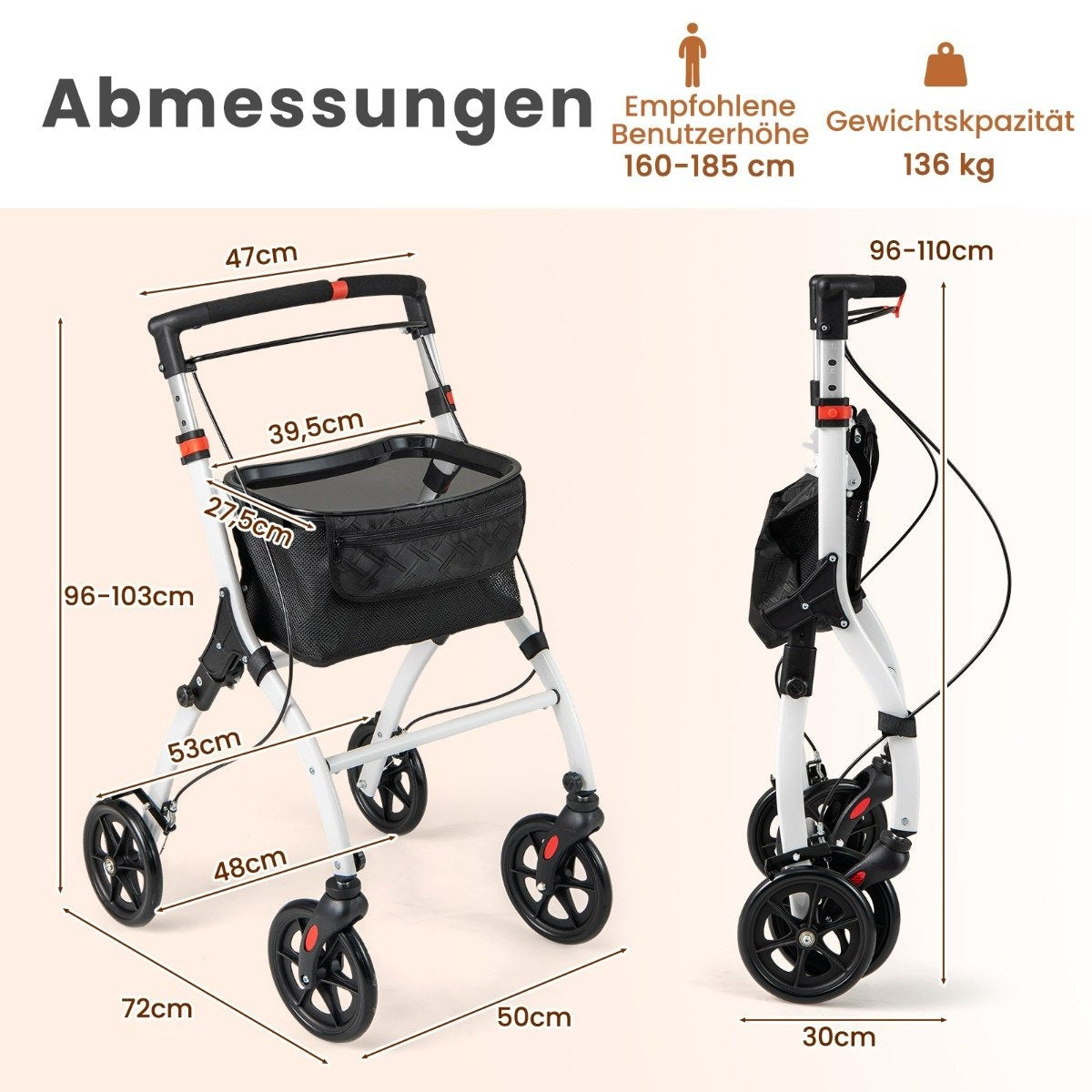 Narrow rollator with 5-way height adjustment & tray & 4 wheels & brakes walking aid