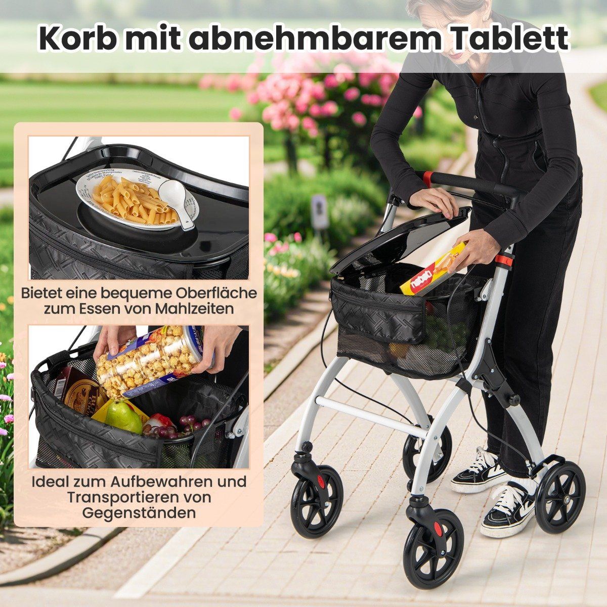 Narrow rollator with 5-way height adjustment & tray & 4 wheels & brakes walking aid
