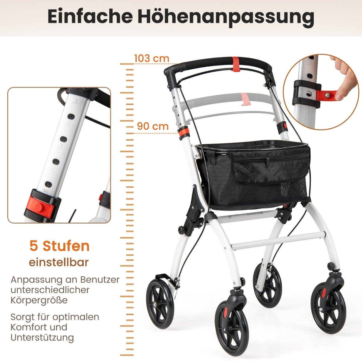 Narrow rollator with 5-way height adjustment & tray & 4 wheels & brakes walking aid