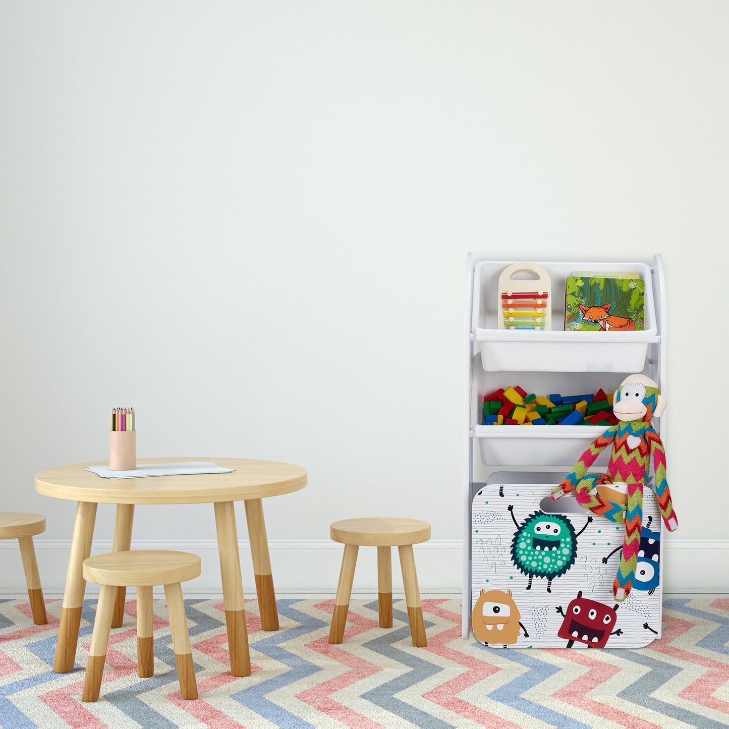 Narrow toy storage unit with monsters