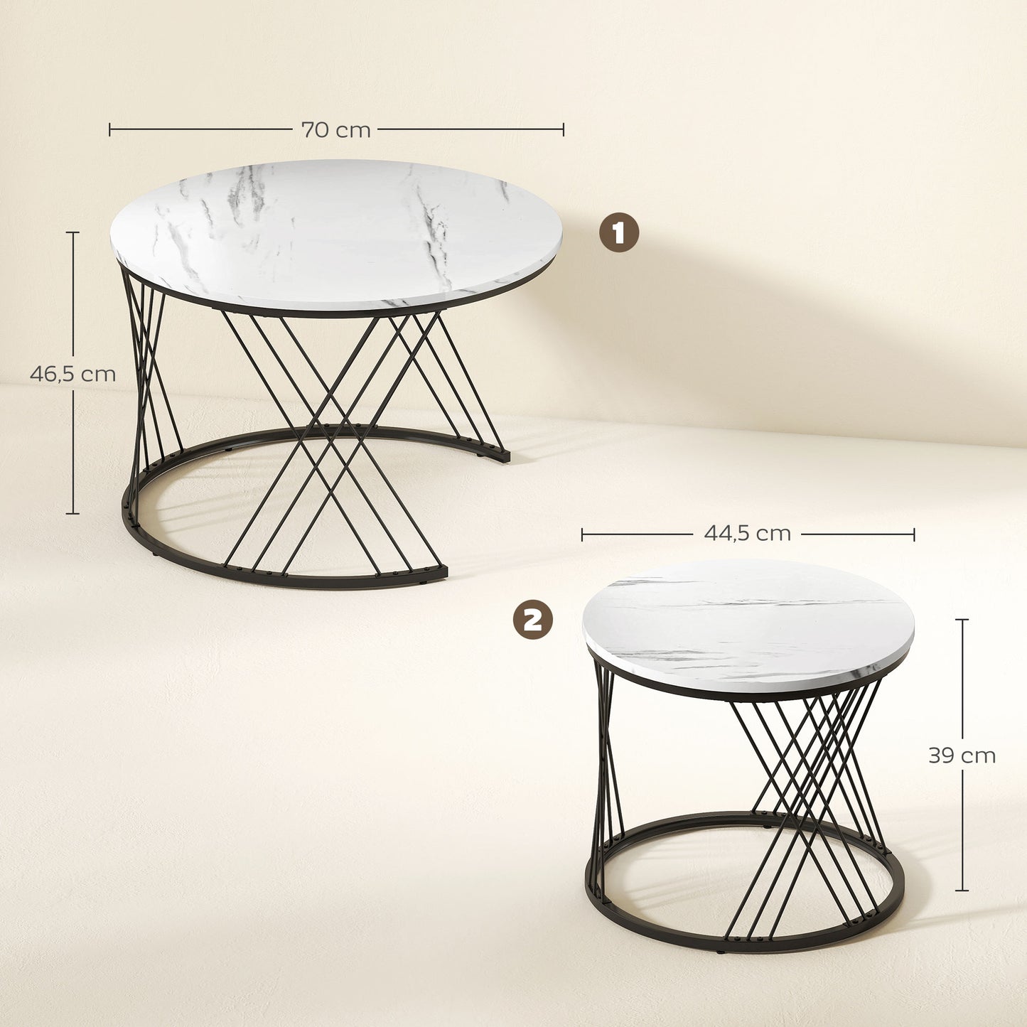 Nestable Coffee Table Set, Marble Look, White, 2-Piece