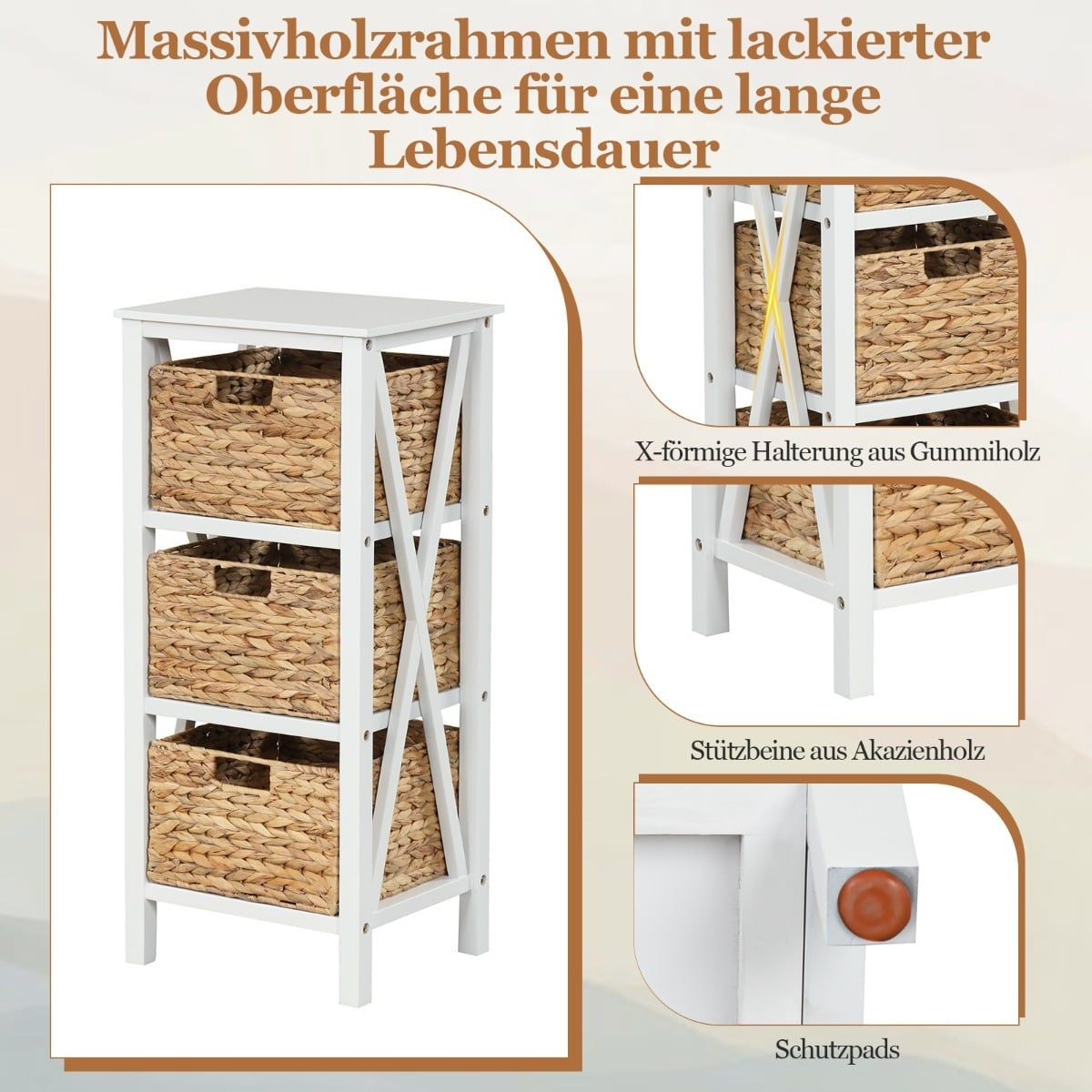 Nightstand Set with 3 Seagrass Baskets, White, 2-Piece
