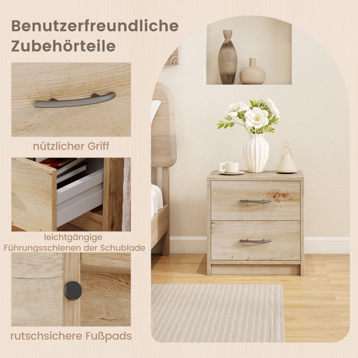 Nightstand with 2 Drawers – Oak Finish, Compact Storage