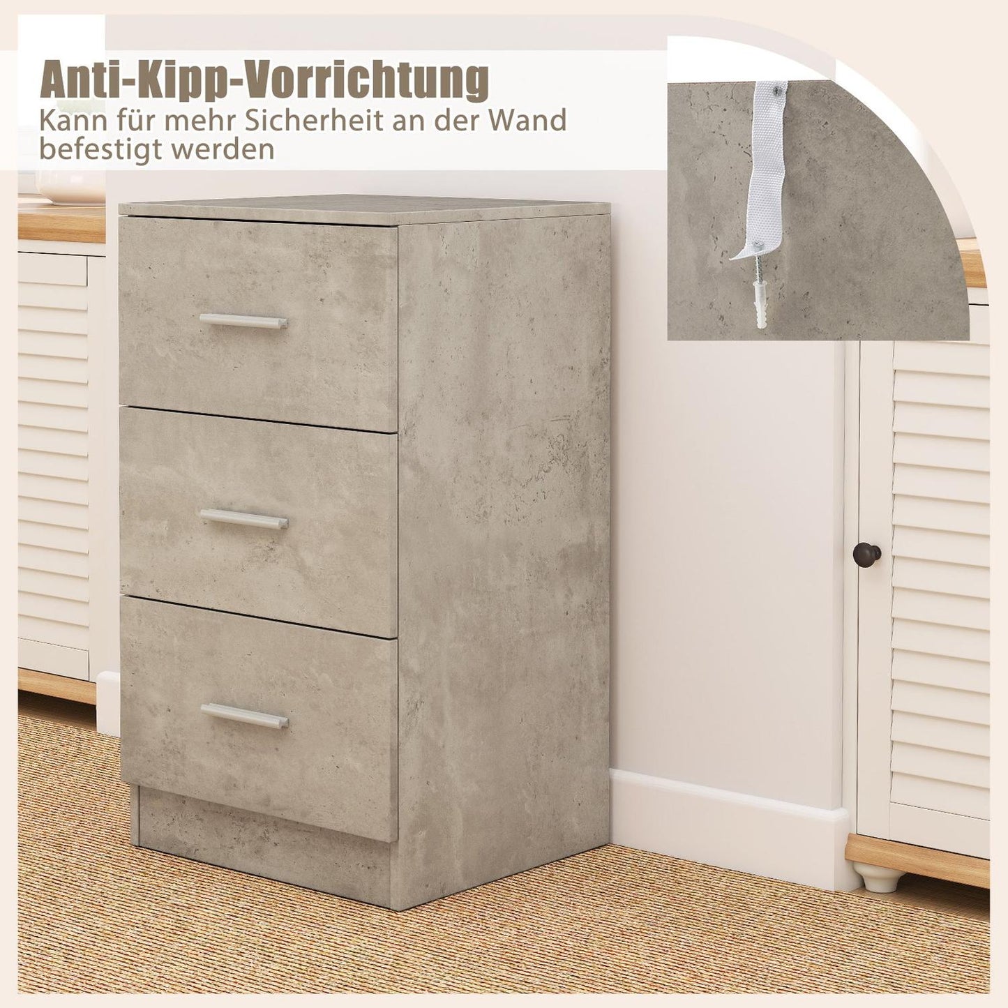Nightstand with 3 Drawers, High Gloss, 37x34x66.5 cm, Cement Gray