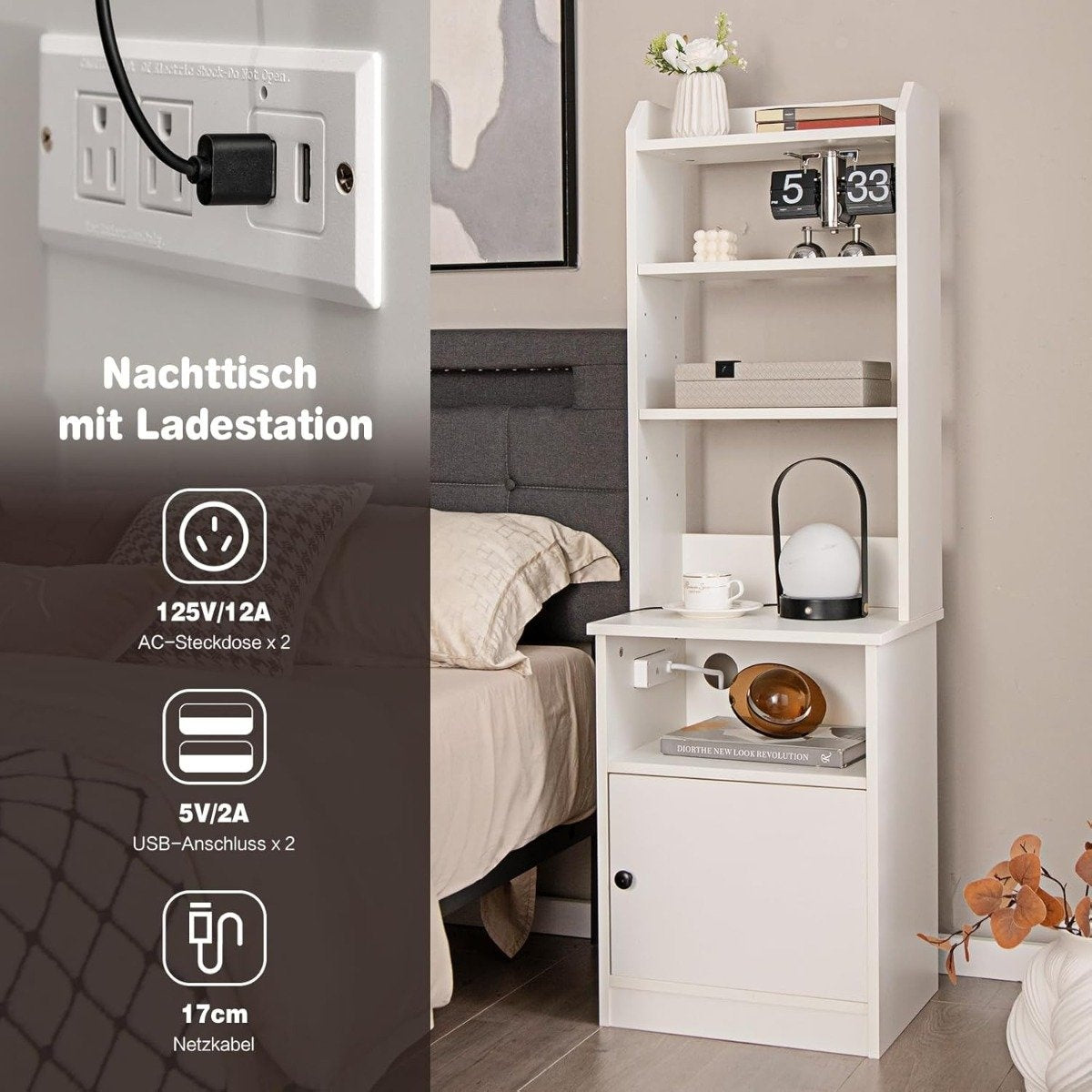 Nightstand with Charging Station – 3 Shelves, 2-Stage Cabinet, White
