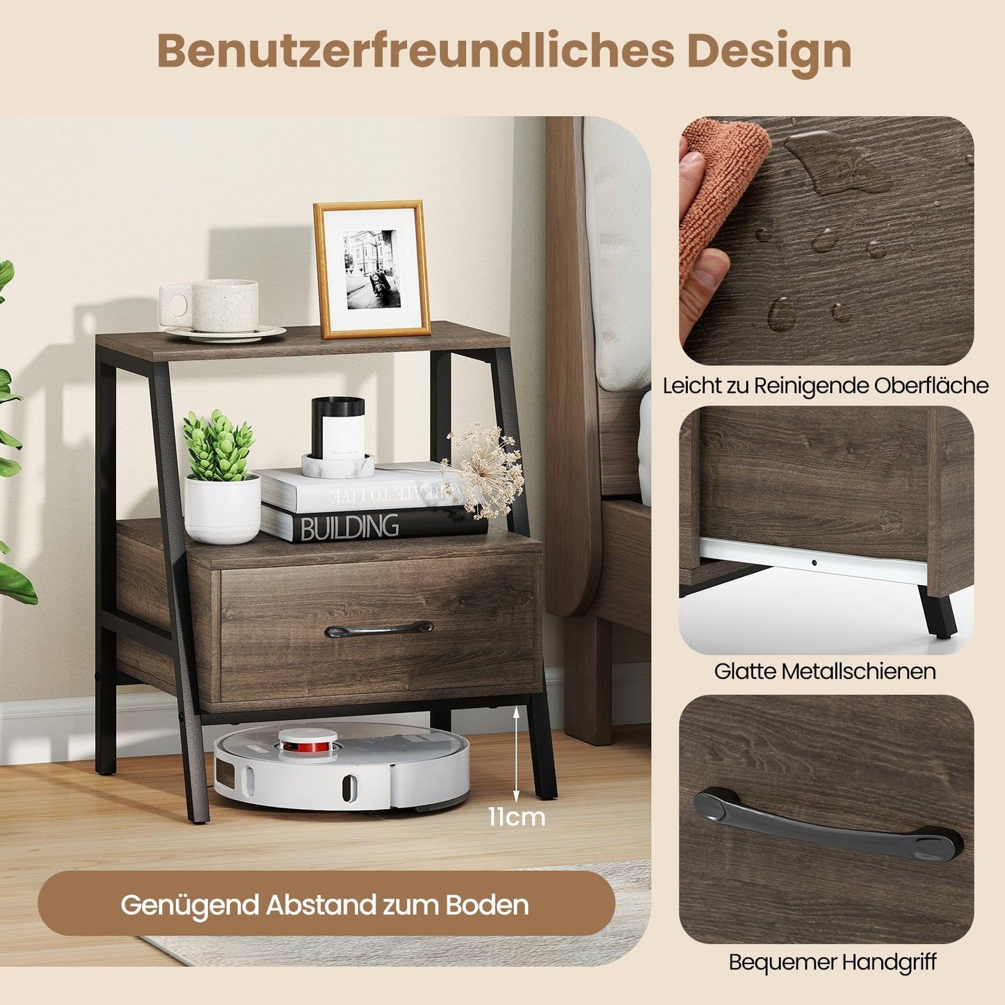 Nightstand with Drawer and Shelf, Metal Frame, 45x35x52.5 cm