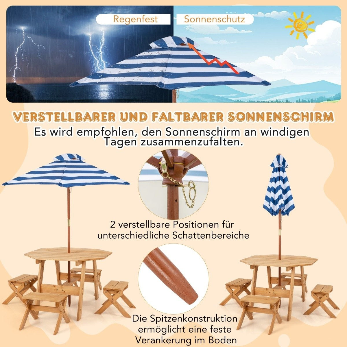 Octagonal Wooden Placemat with 4 Chairs & Height-adjustable parasol picnic table natural