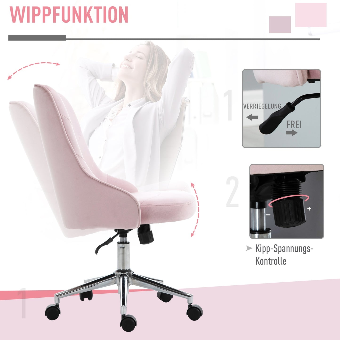 Velvet office chair with rocker function, pink, soho style