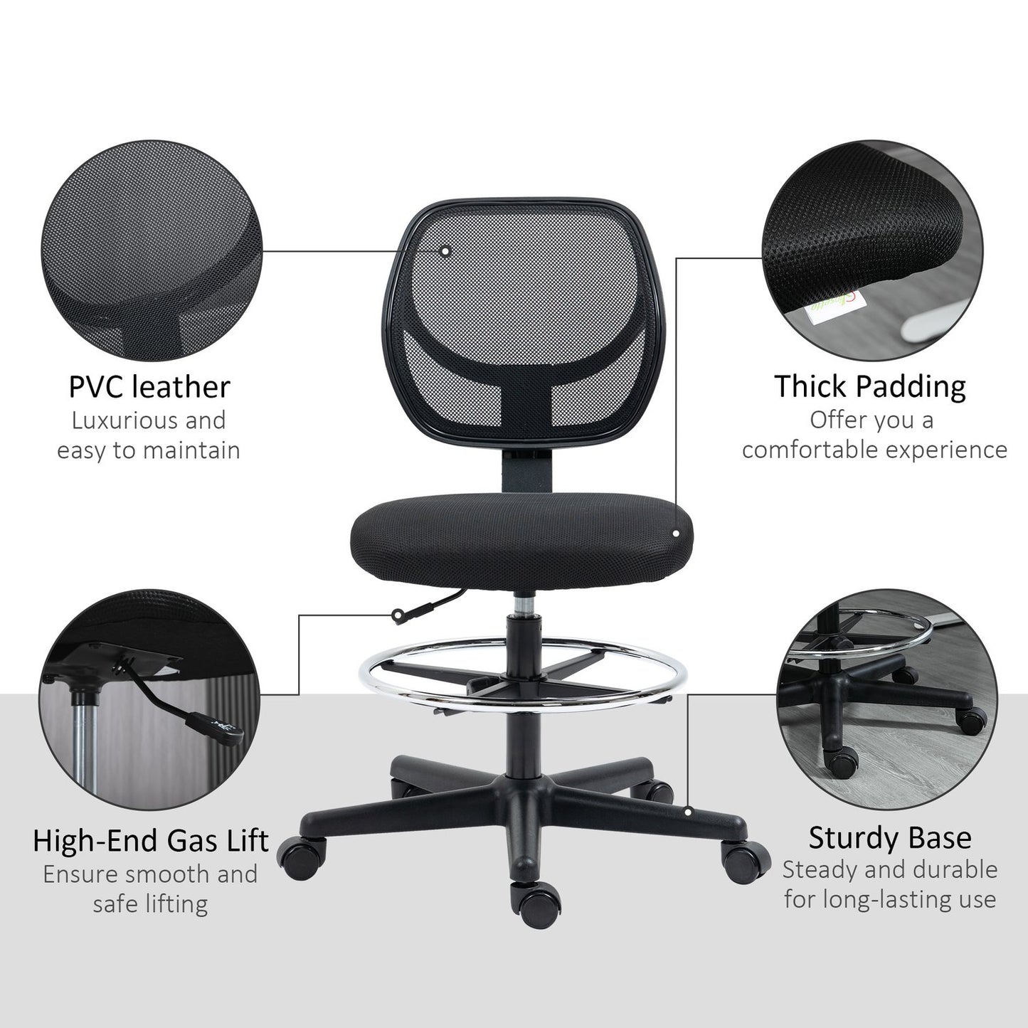 Ergonomic office chair, adjustable height & foot ring