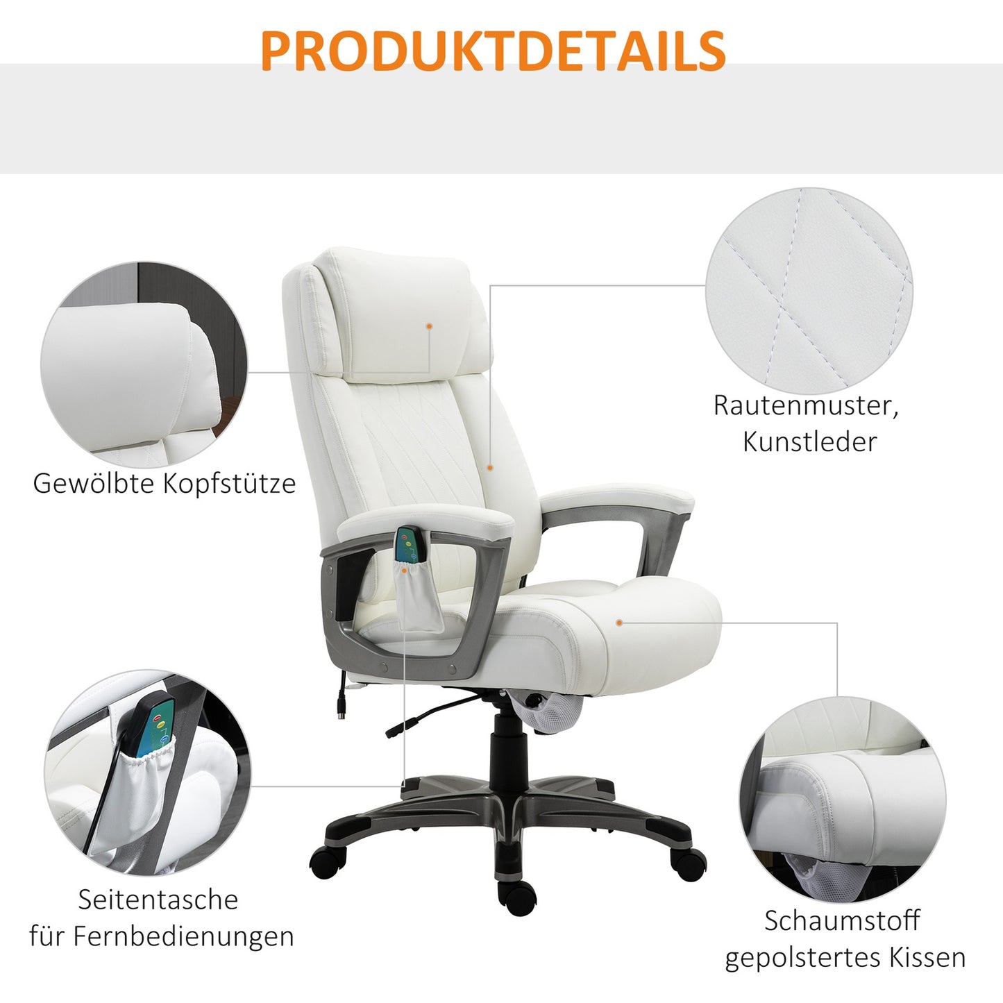 Ergonomic swivel office chair, massage, synthetic leather, white