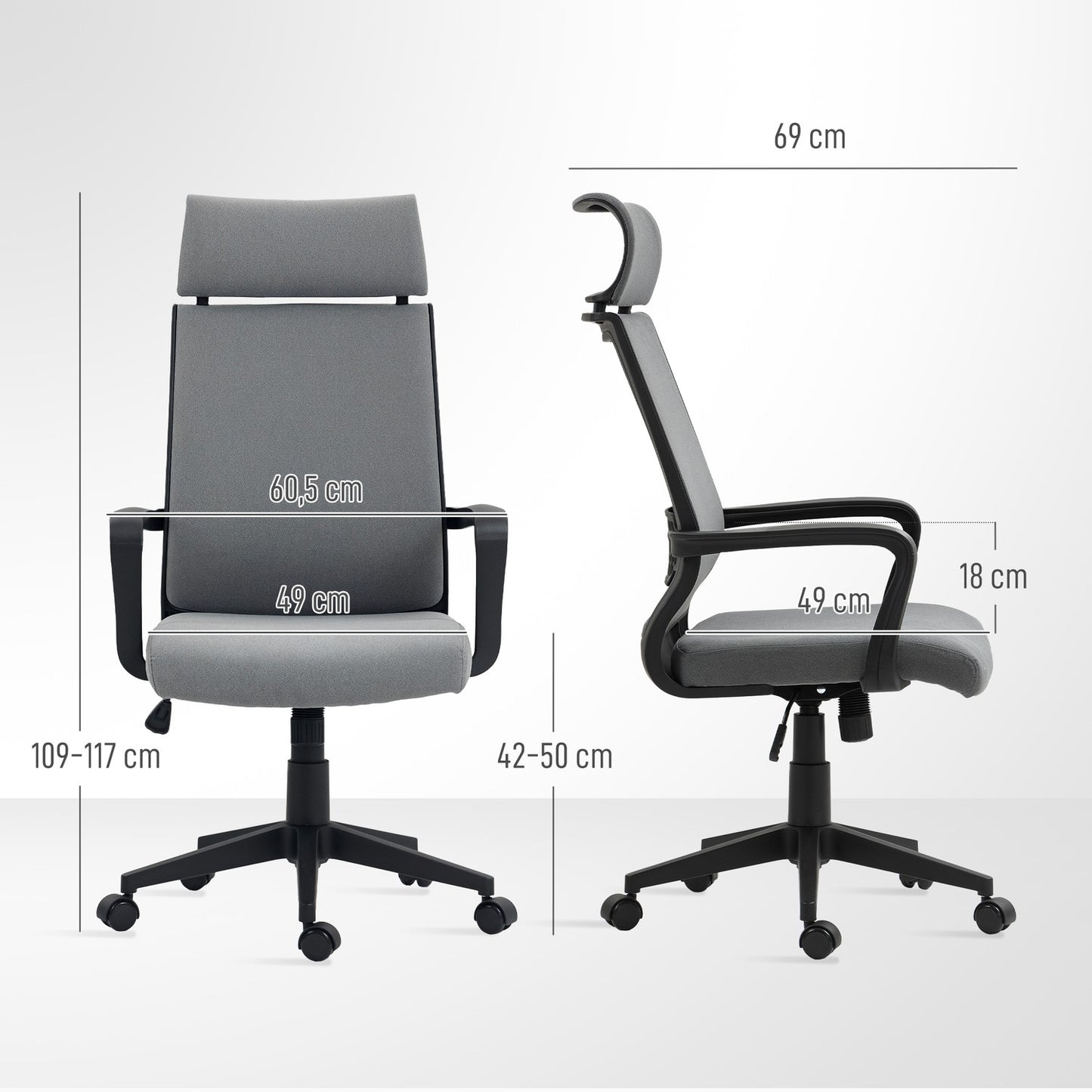 Office Chair with Adjustable Height, Wheels, Armrests, Grey