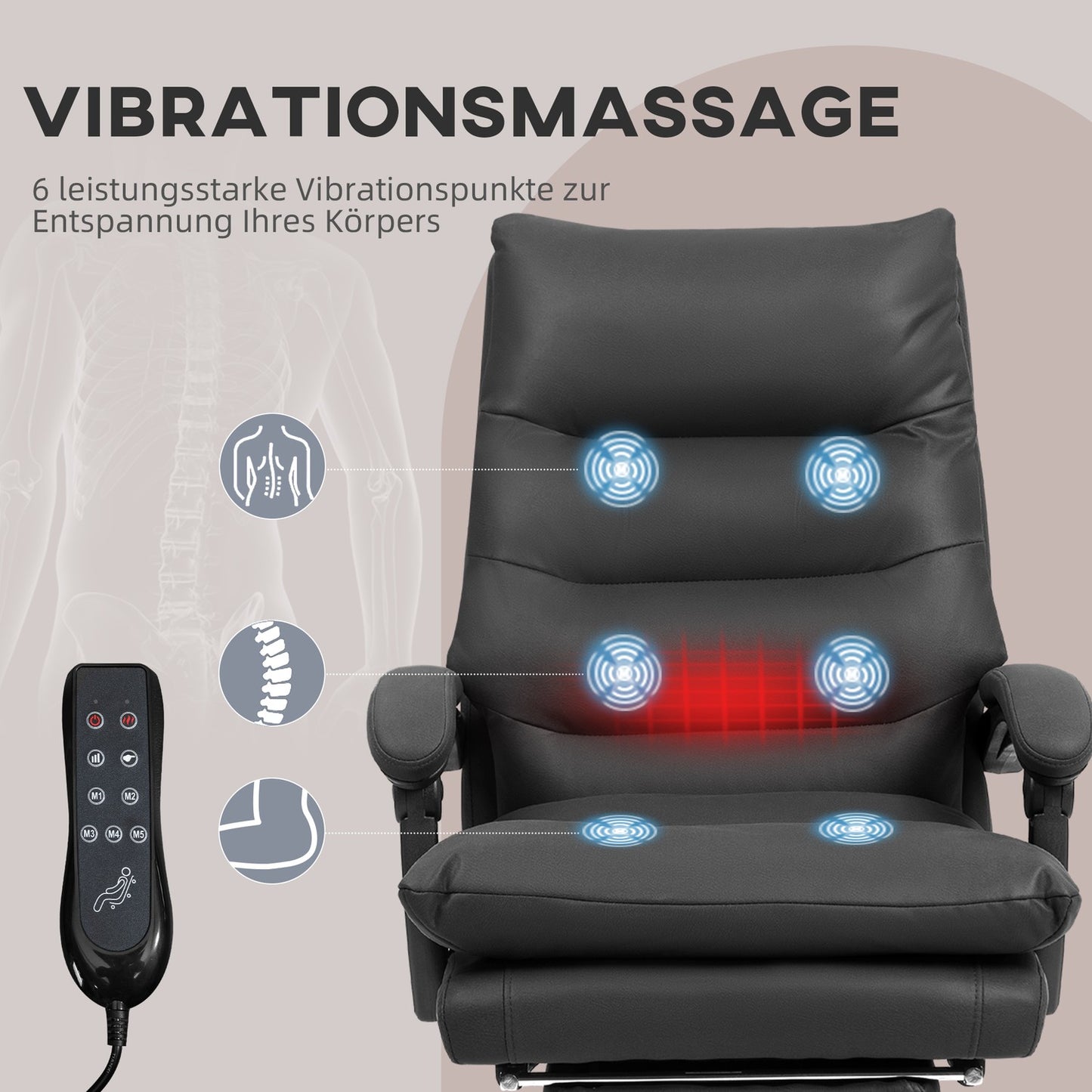 Office Chair with Massage, Heat, Recline, Black, 65x72x109-117cm