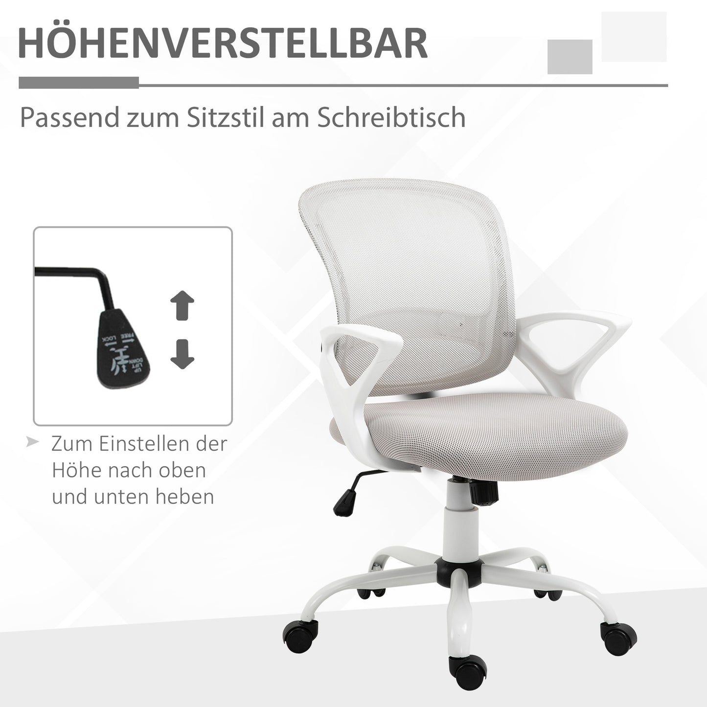 Office chair, desk chair with wheels, ergonomic, height-adjustable, grey
