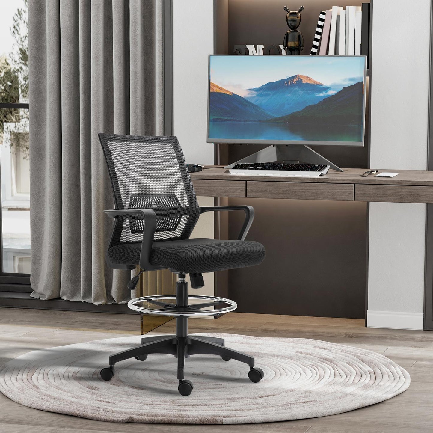 Office chair, height-adjustable desk chair with footrest, mesh backrest, rollable, plastic, black