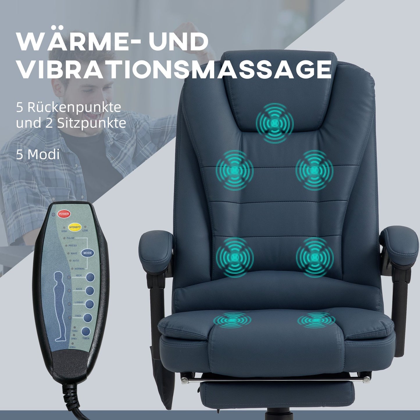 Ergonomic office chair with massage and tilt, blue