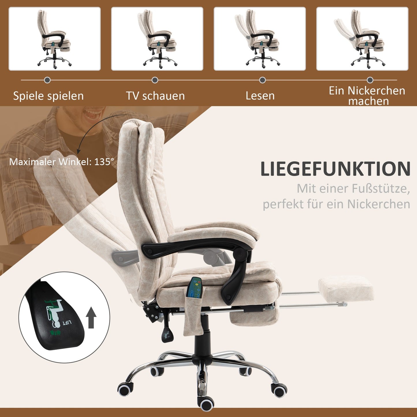 Ergonomic Massage Office Chair, Reclining & Heated, Cream White