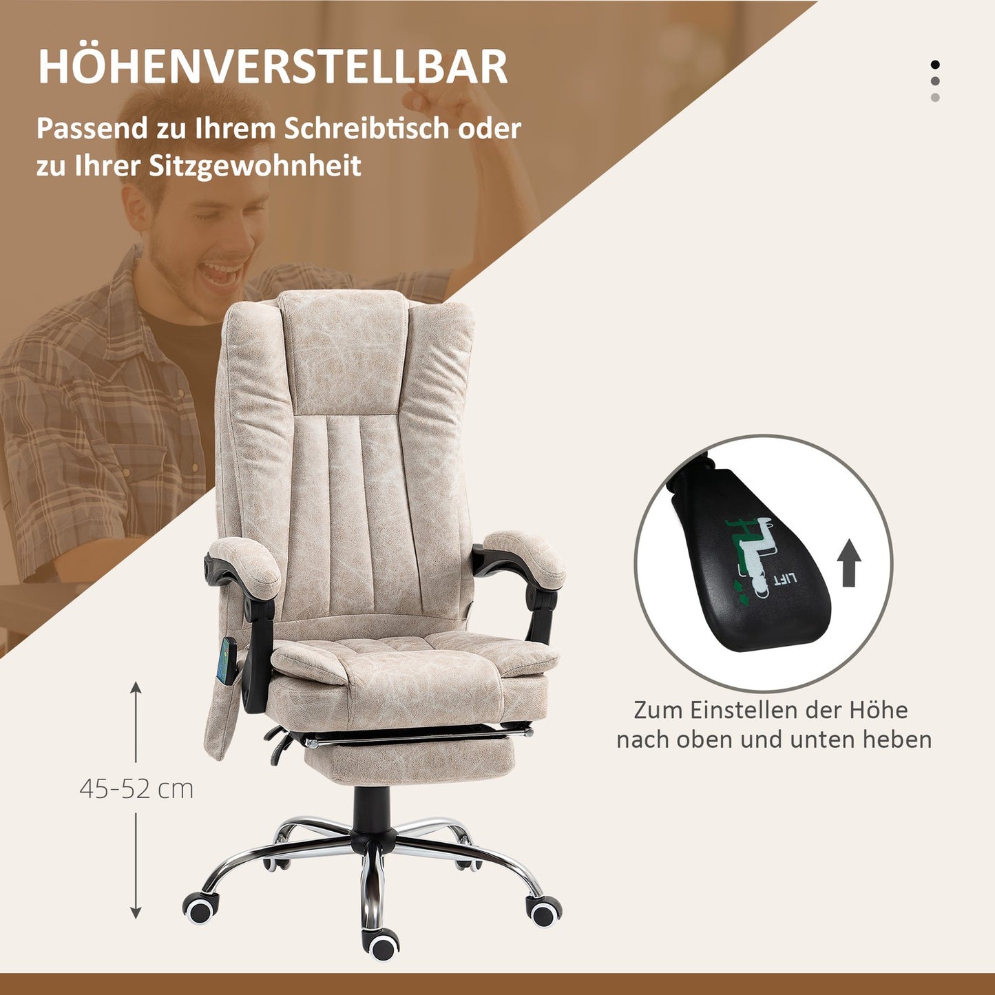 Ergonomic Massage Office Chair, Reclining & Heated, Cream White