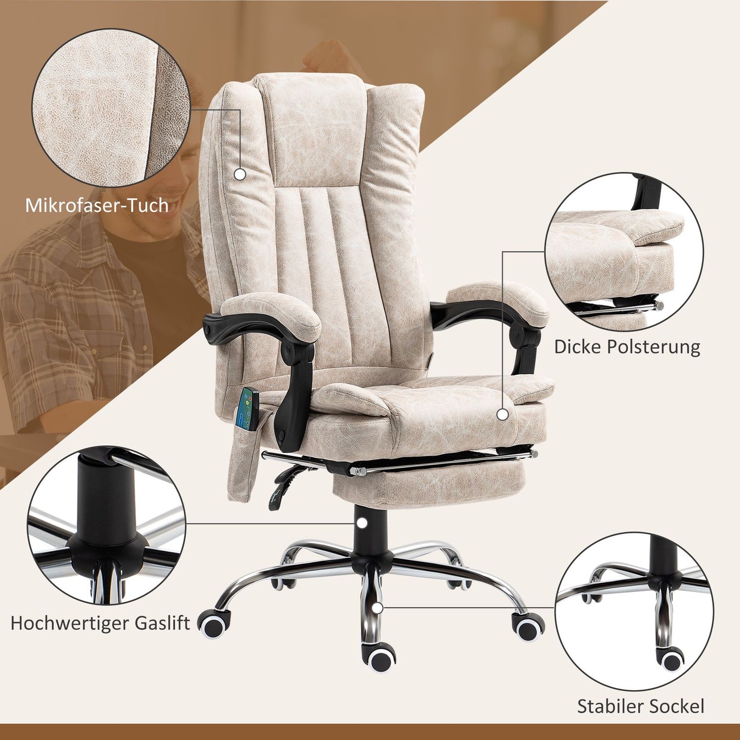 Ergonomic Massage Office Chair, Reclining & Heated, Cream White