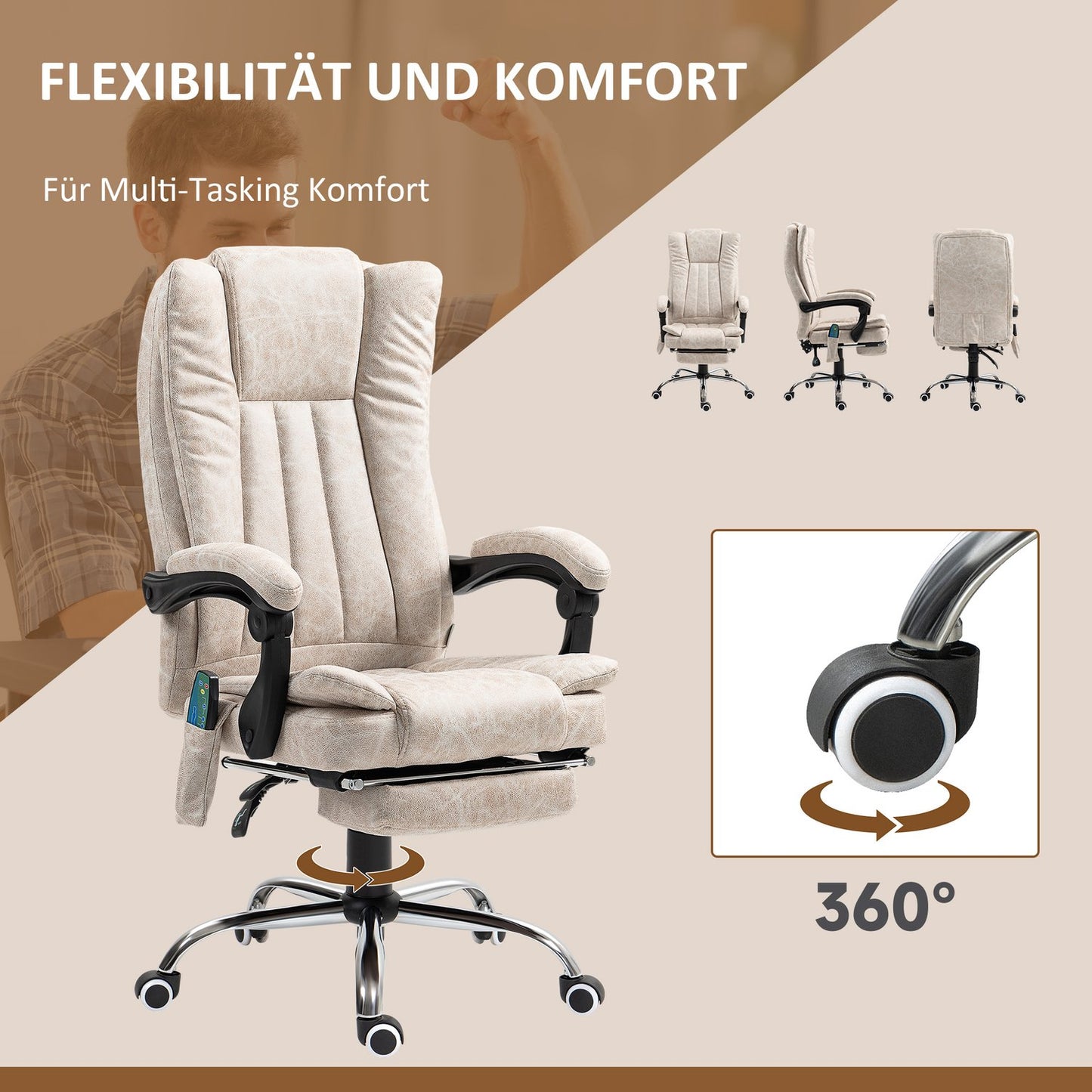 Ergonomic Massage Office Chair, Reclining & Heated, Cream White