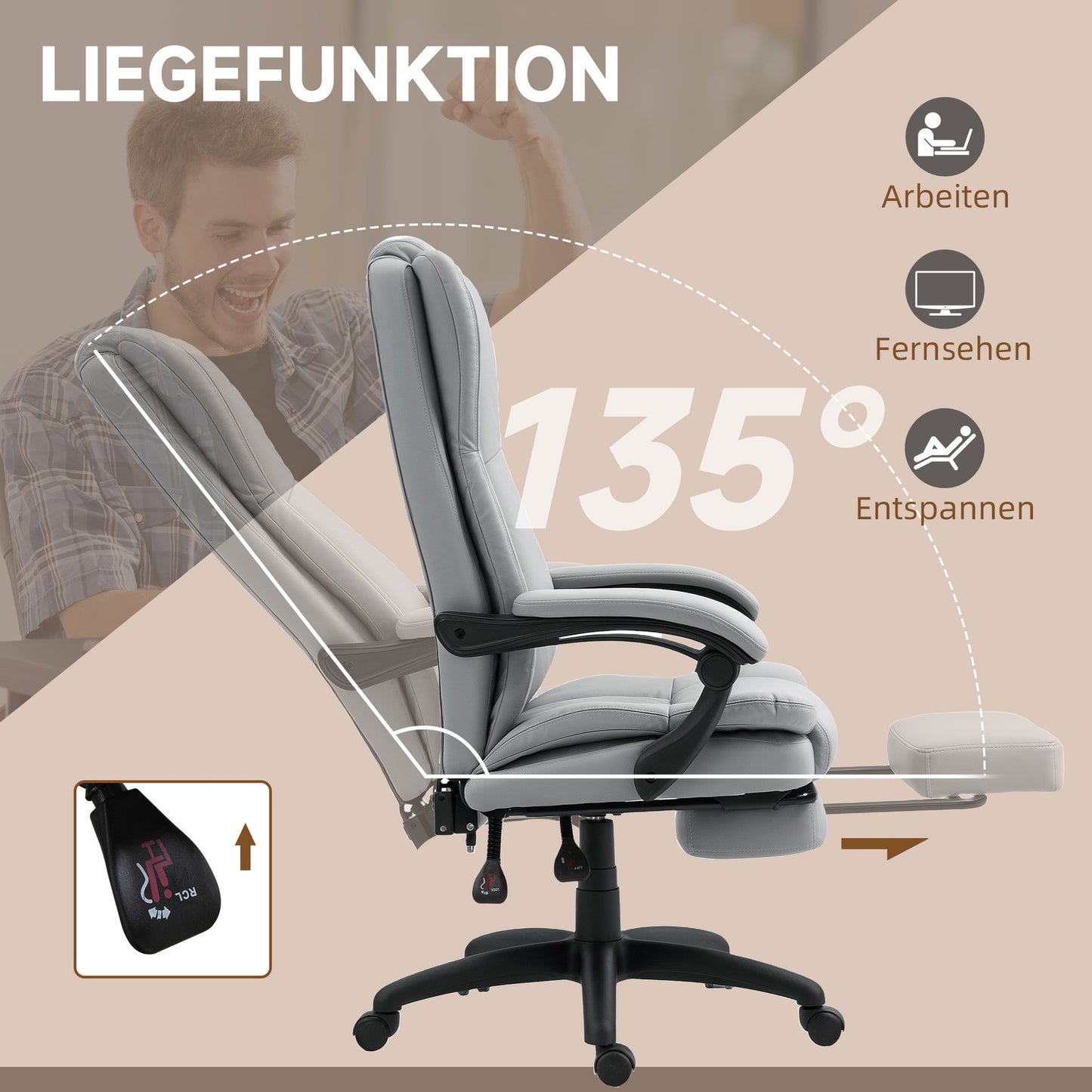 Ergonomic office chair with massage, tilt, footrest, gray