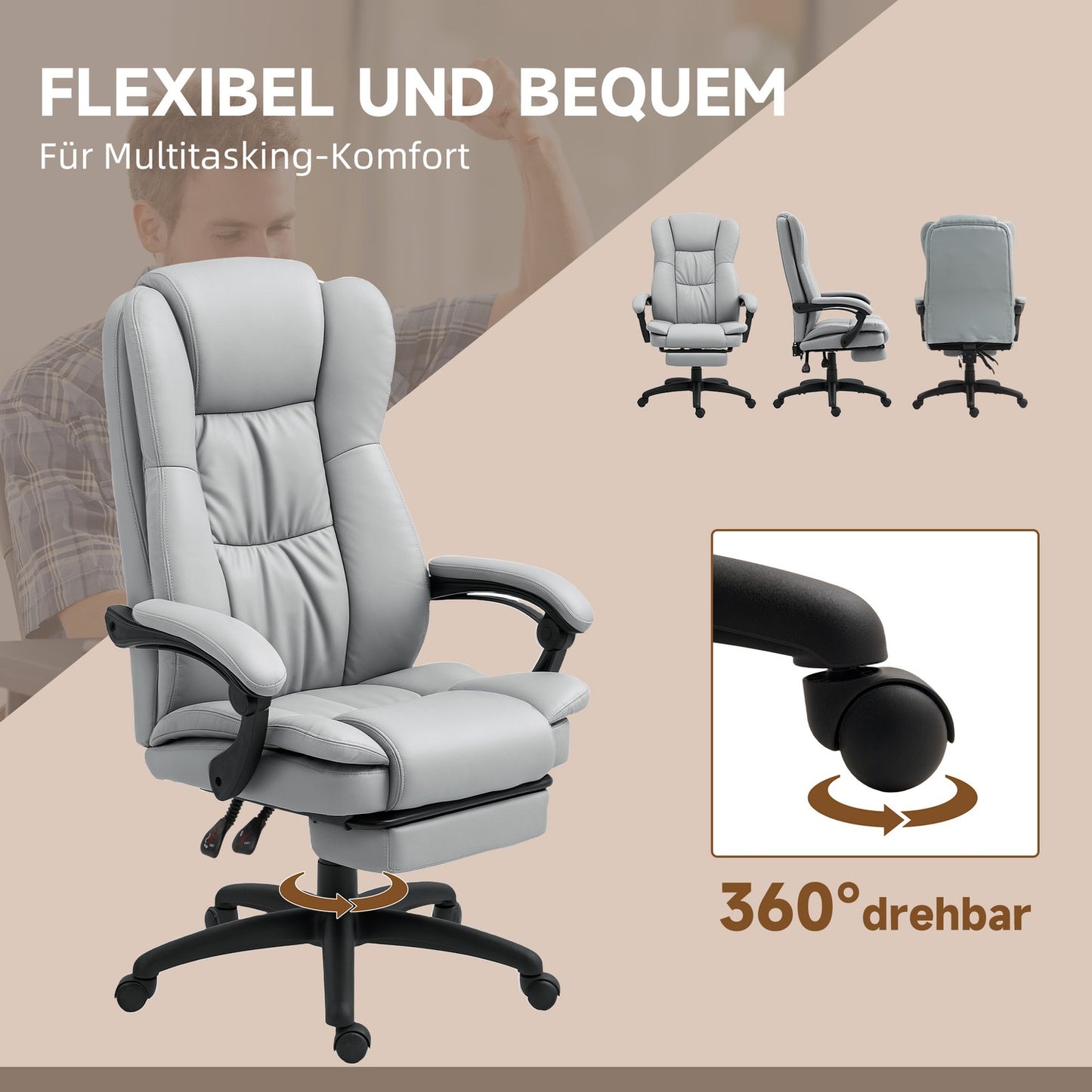 Ergonomic office chair with massage, tilt, footrest, gray