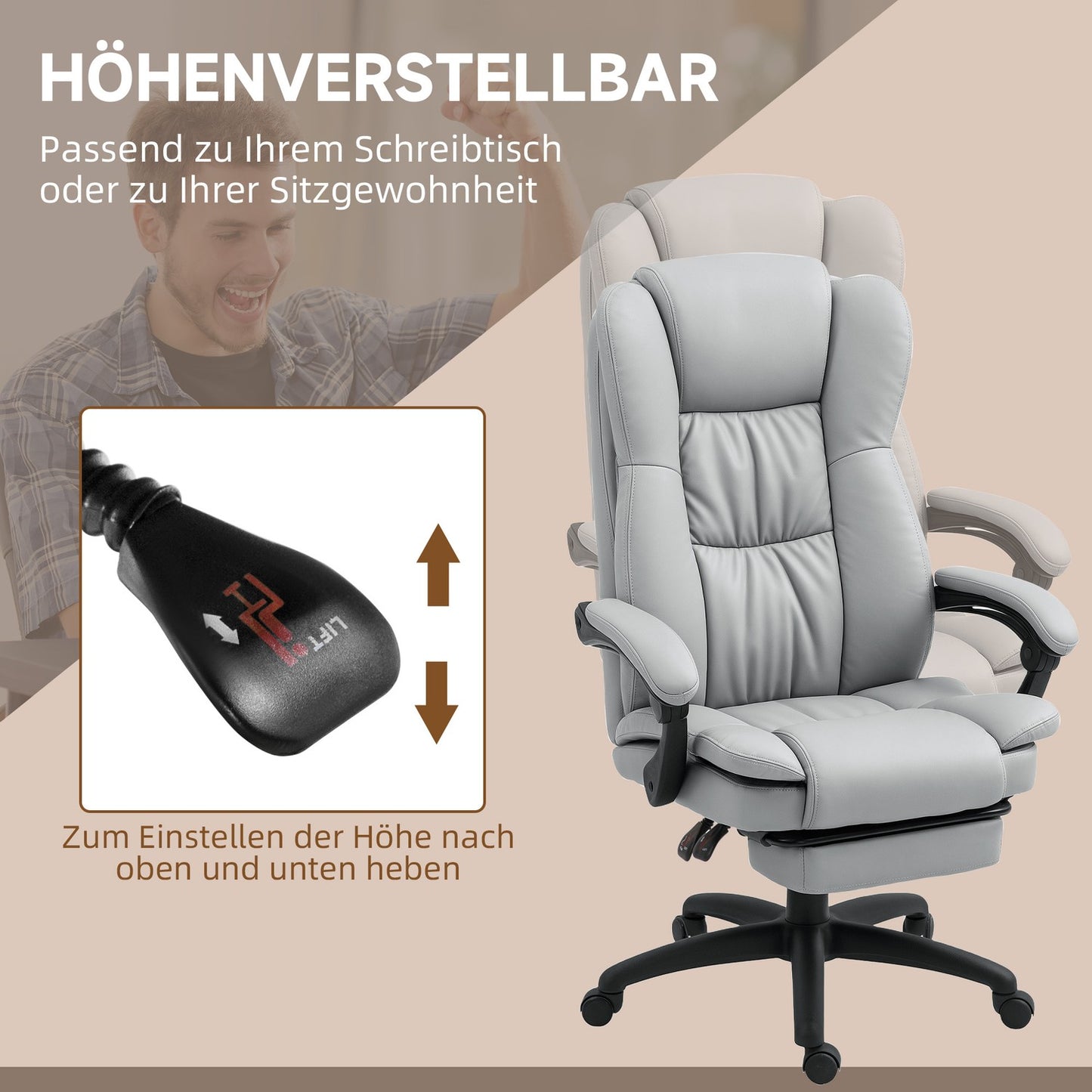 Ergonomic office chair with massage, tilt, footrest, gray