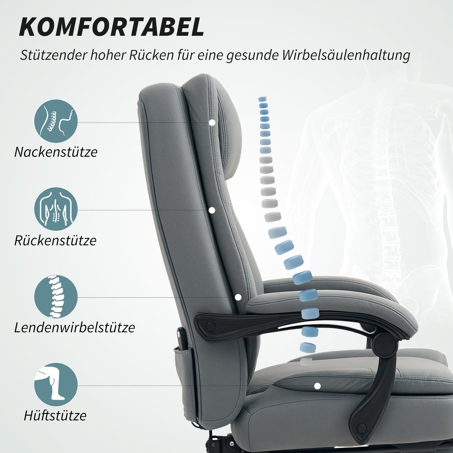 Massage Office Chair with Recline, Adjustable Height, Grey