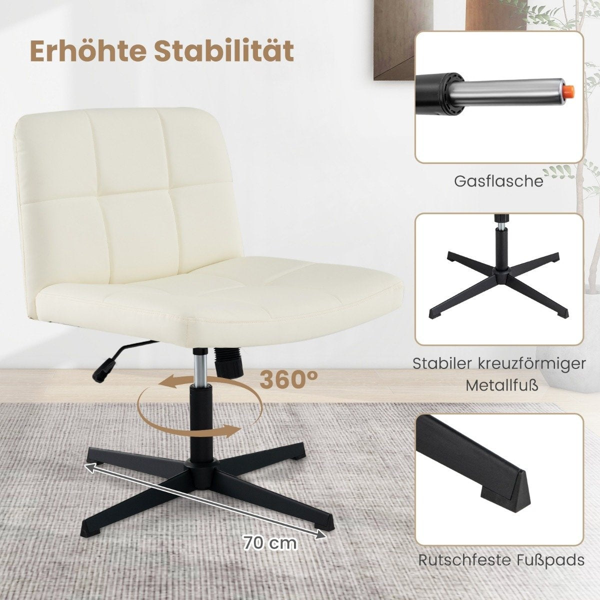 Office chair without armrests Desk chair with wide seat & Rocker function faux leather for home office beige