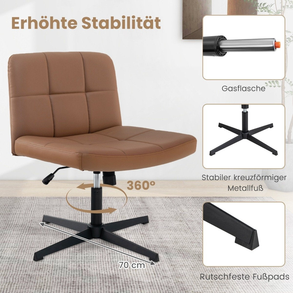 Office chair without armrests Desk chair with wide seat & Rocker function faux leather for home office brown