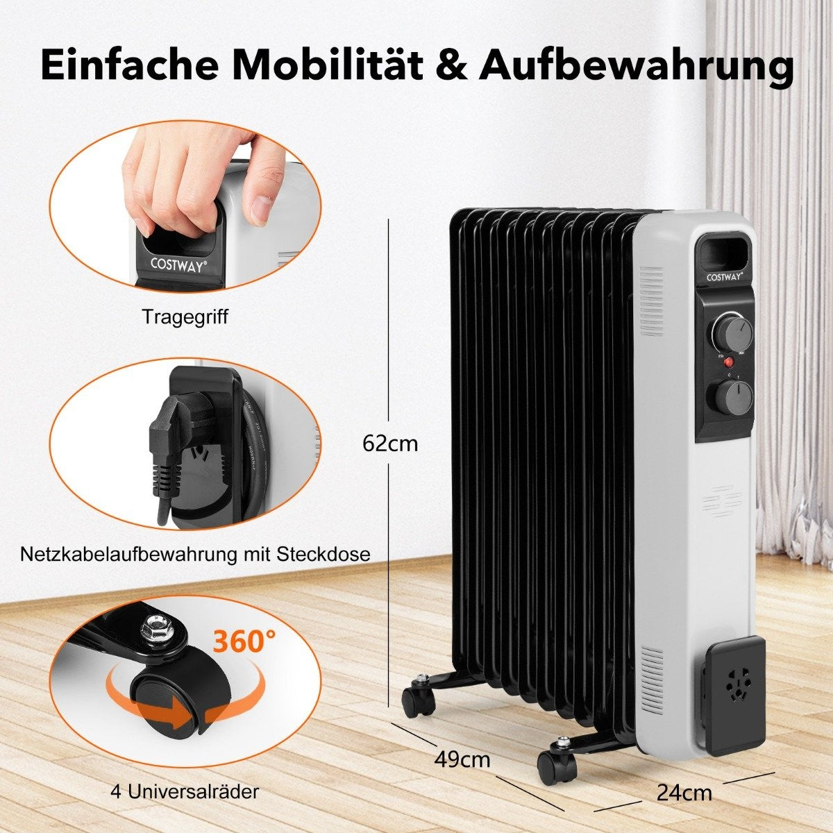 Oil-filled radiator electric heater with 3 heating levels 49 x 24 x 62 cm black