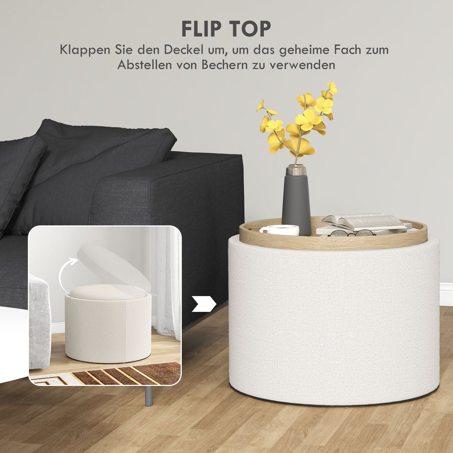 Round ottoman stool with storage, linen look, cream