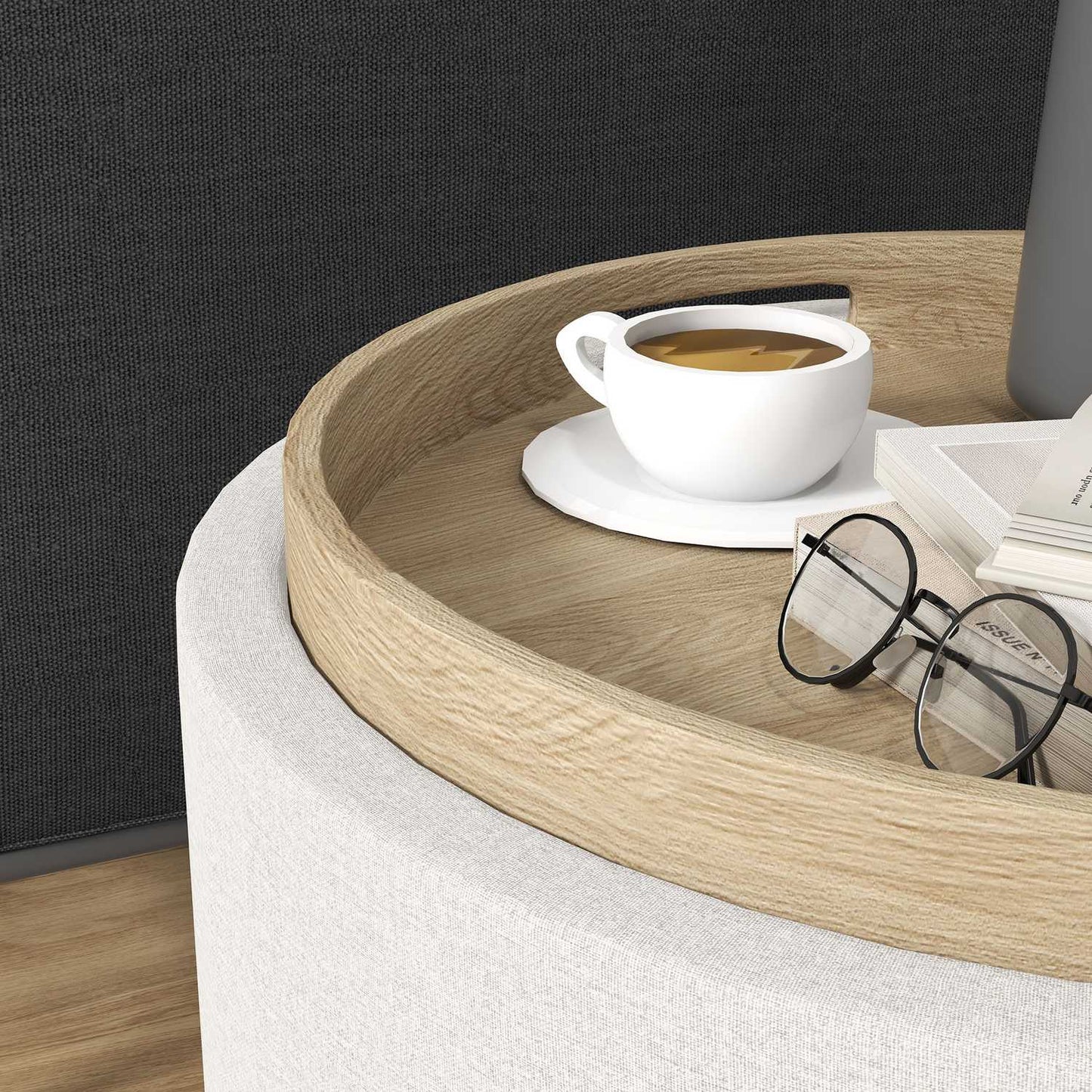 Round ottoman stool with storage, linen look, cream