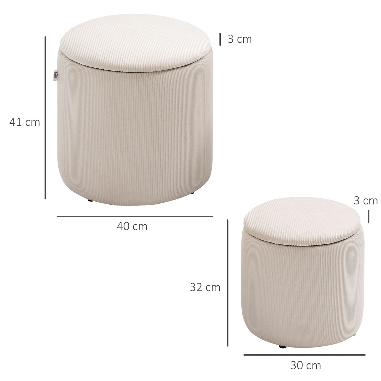 Ottoman Set of 2 with Storage, Corduroy Fabric, Cream