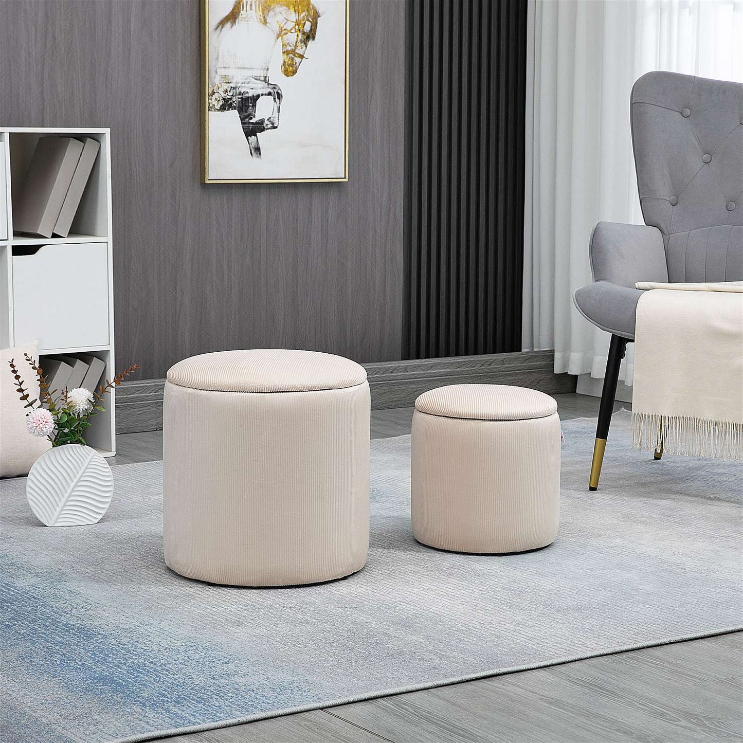 Ottoman Set of 2 with Storage, Corduroy Fabric, Cream