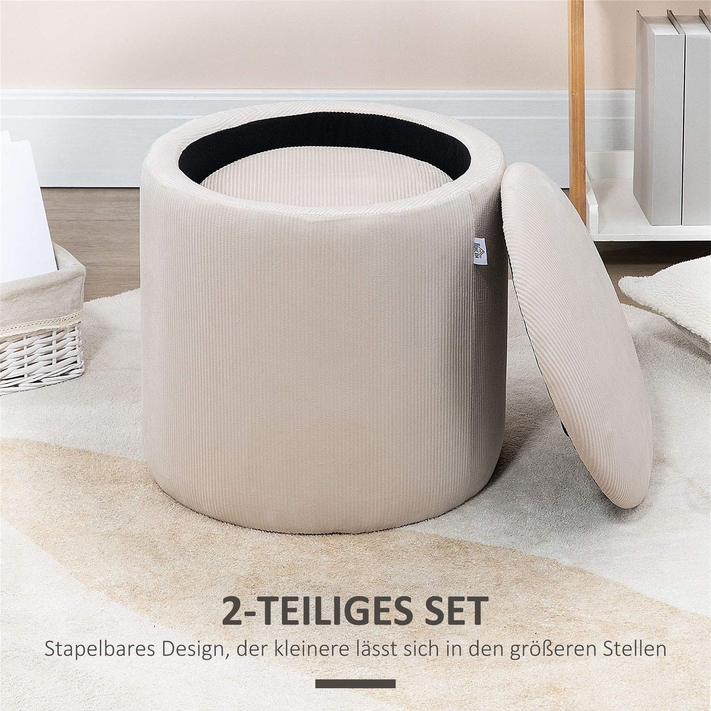 Ottoman Set of 2 with Storage, Corduroy Fabric, Cream