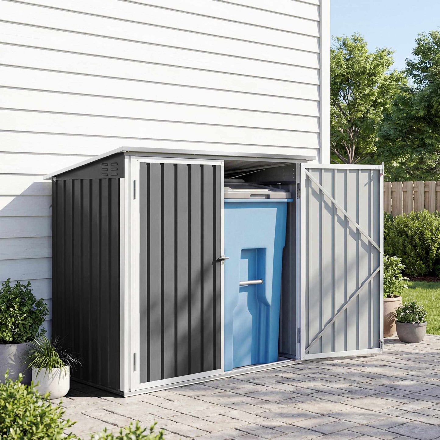 Outdoor Bin Storage for 2 Bins, Galvanized Steel, Double Door