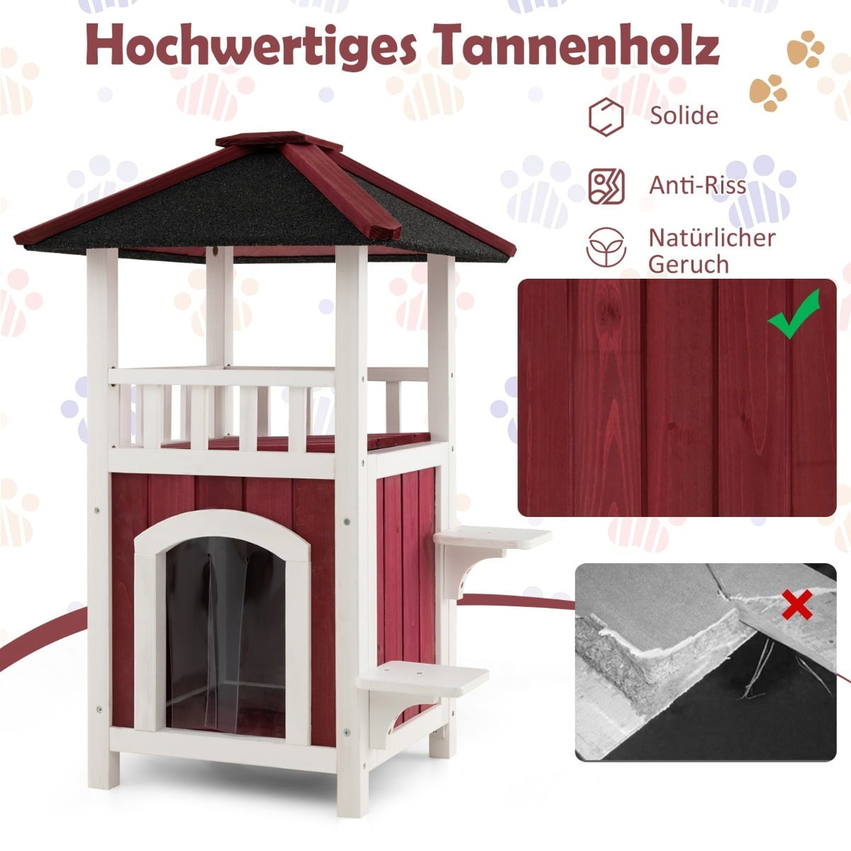 Outdoor Cat House with Balcony, Asphalt Roof, PVC Curtain