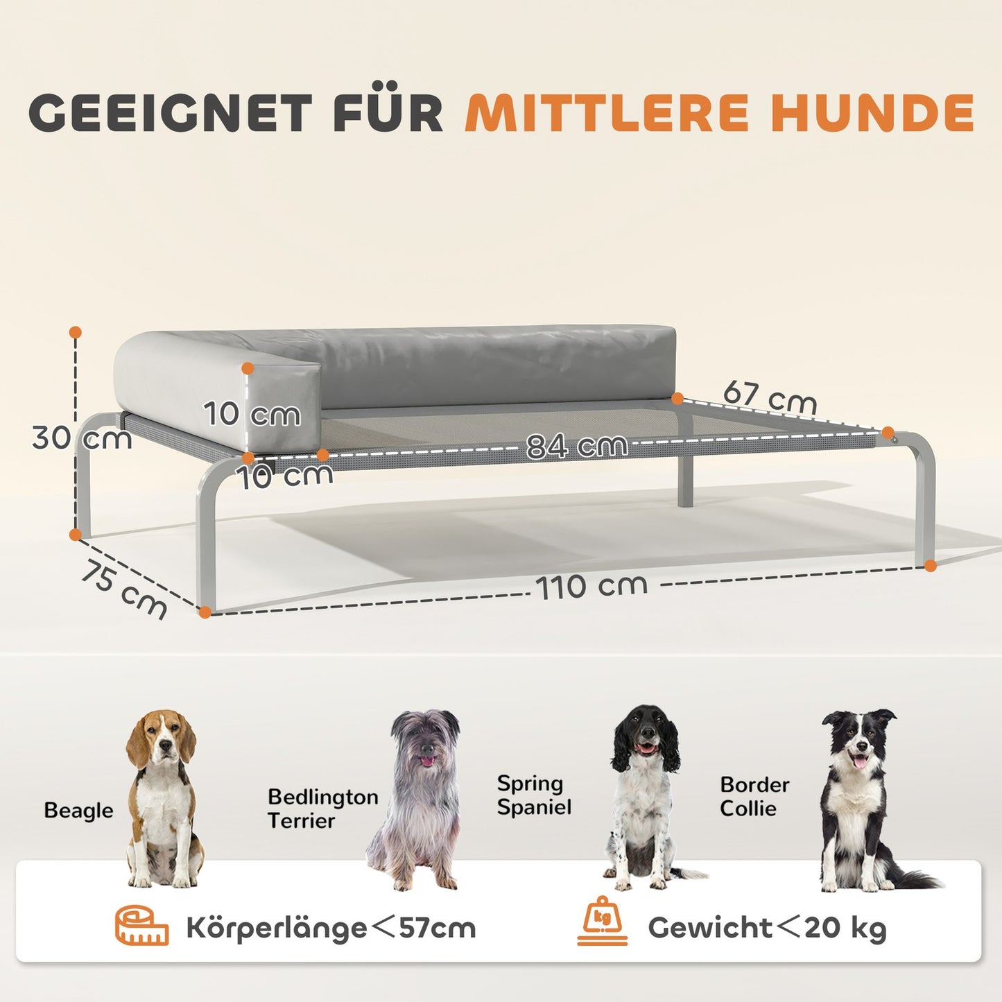 Elevated Outdoor Dog Bed with L-Shaped Cushion, 110x75x30cm