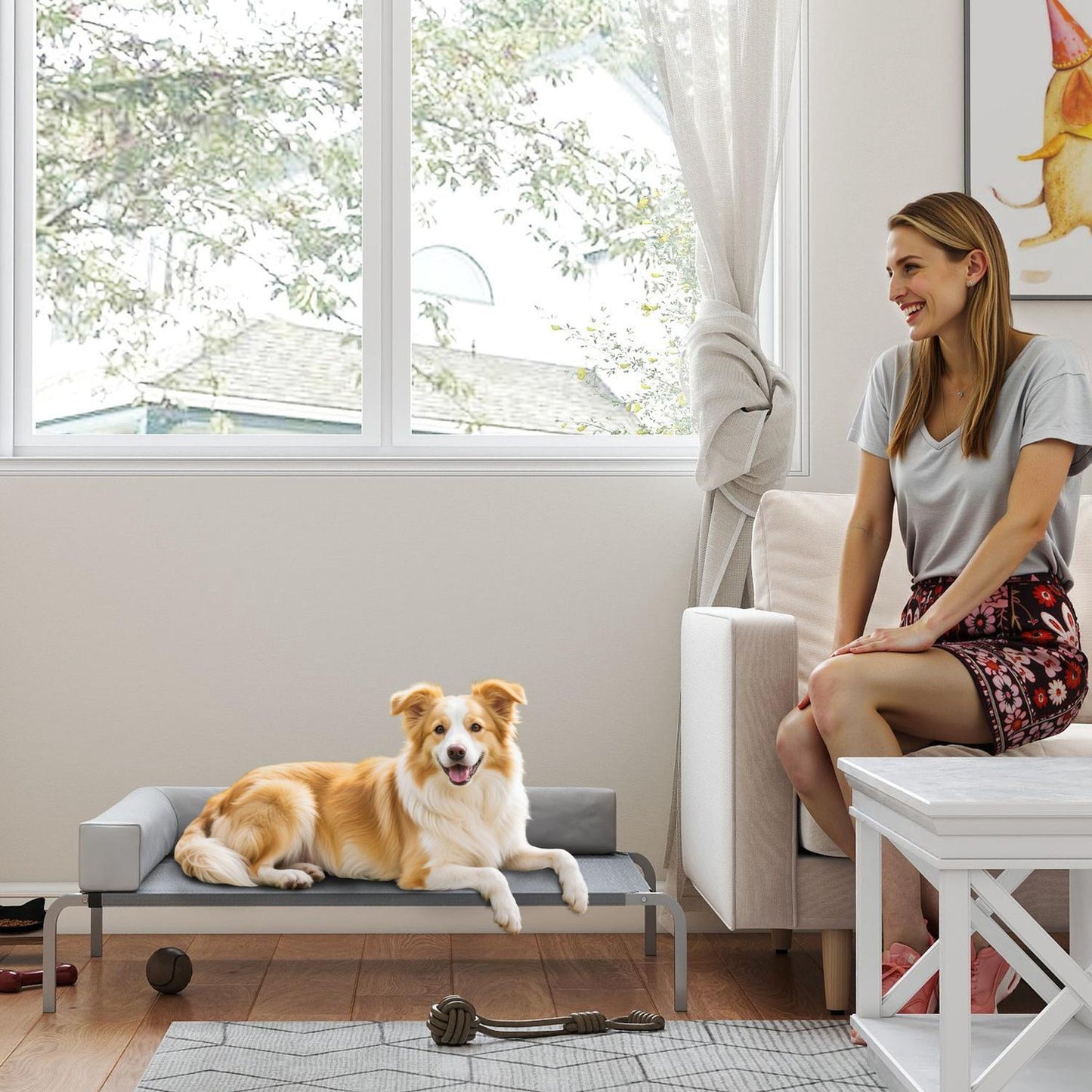 Elevated Outdoor Dog Bed with L-Shaped Cushion, 110x75x30cm